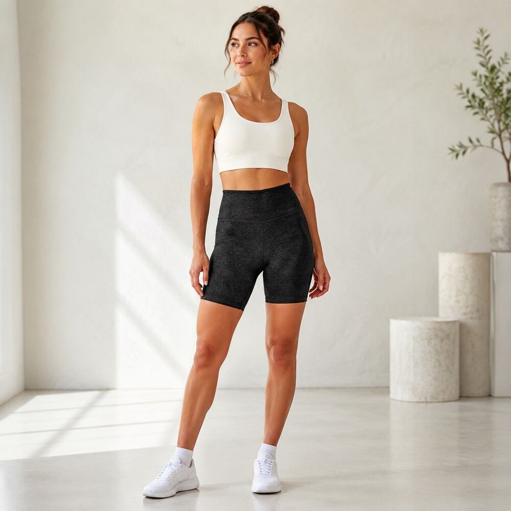 Athleisure Pilates Beyond Yoga Gray Spacedye High Waist 7” Biker Shorts S